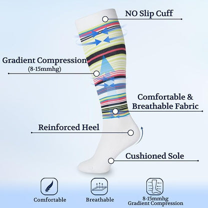 LIN PERFORMANCE Compression Socks for Women and Men 3 Pairs 8-15 mmHg Cotton Knee High Support Socks for Travel Sport