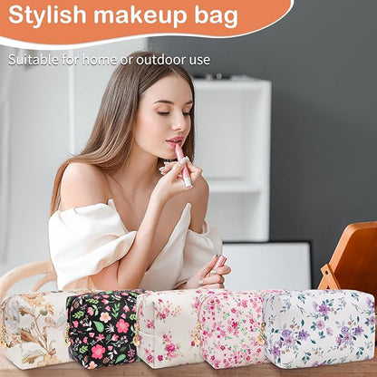 Floral Waterproof Makeup Bag, Leather Cosmetic Bag with Compartments, Zipper Make up Pouch Organizer, Portable Storage Travel Toiletry Bag Gifts for Women Girls(Purple Flower)