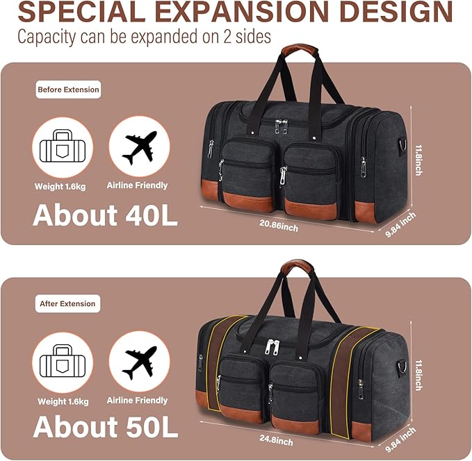 Canvas Duffle Bag For Travel, 50L Expandable Carry on Overnight Travel Duffel Bags with Laptop Compartments Weekend Gym Bag for Men(Black)