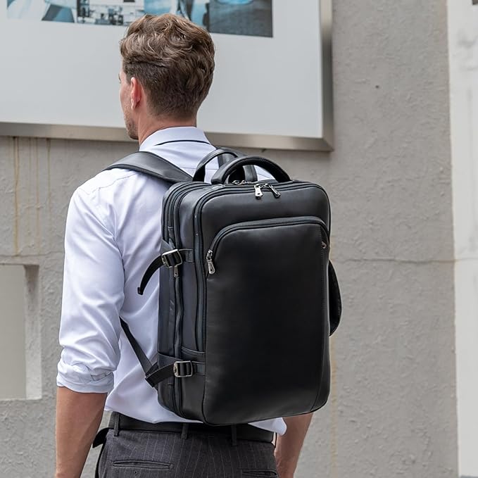 Masa Kawa Leather 15.6 Inch Laptop Backpack for Men Expandable 36L Business Travel Rucksack Daypack Weekender Bag
