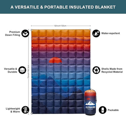 zzlamb Puffy Down Camping Blanket Water-Repellent, Down Throw Travel Blanket Portable for Outdoor, Light Warm Quilt for Couch Plane Car Theater Stadium Picnic RV Backpacking Hammock