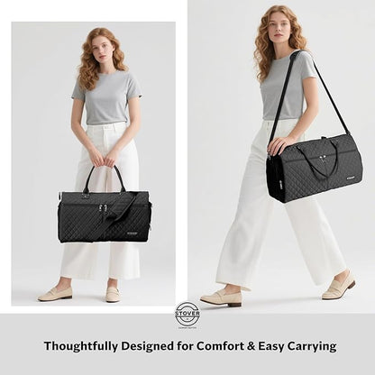 STOVER Women’s Convertible Garment Duffel Bag for Travel – 2-in-1 Carry-On Weekender/Overnight Tote - Wrinkle-Free Dresses, Hanging Suits & Clothes Plus Shoe Compartment & Bonus Toiletry Bag (Black)