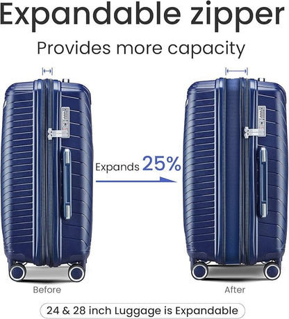 Campfun Luggage 4 Piece Sets, Expandable Carry On Luggage Set Hardshell PP, Suitcase Set with Double Spinner Wheels, Checked Durable Lightweight with TSA Lock, 14in 20in 24in 28in-Blue(B)