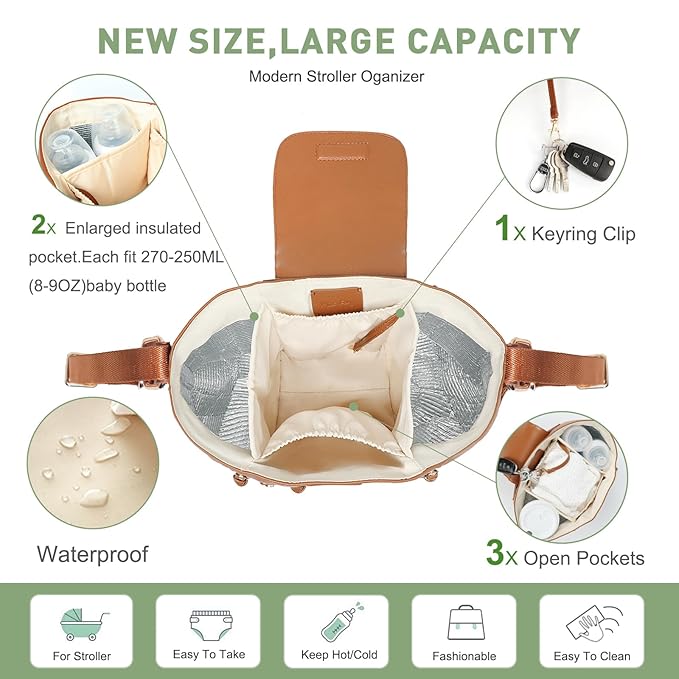miss fong Universal Stroller Organizer with Insulated Cup Holder Stroller Caddy Baby Storage Bag with Adjustable Strap, Fits for Baby Carriage like Uppababy, Baby Jogger, Britax, Umbrella-Brown