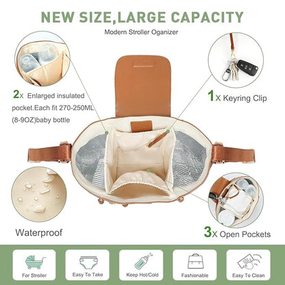 miss fong Universal Stroller Organizer with Insulated Cup Holder Stroller Caddy Baby Storage Bag with Adjustable Strap, Fits for Baby Carriage like Uppababy, Baby Jogger, Britax, Umbrella-Brown