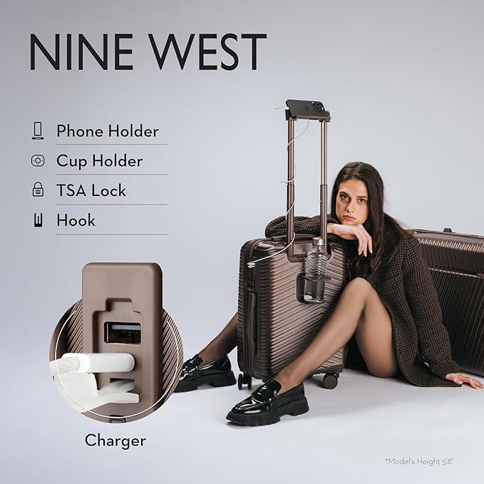 Nine West Zion 2-Piece Smart Luggage Set (20/28), Hardshell Spinners with Cup Holder & USB Port, Expandable & Scuff-Resistant Surface Chocolate Martini