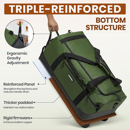 Fanwoli 30'' Rolling Duffel Bag with Wheels - No-Sag Design for Heavy Loads, 100L Waterproof Foldable Luggage w/Hidden Backpack Straps & Waist Support Compartment, Lightweight Travel & Gym