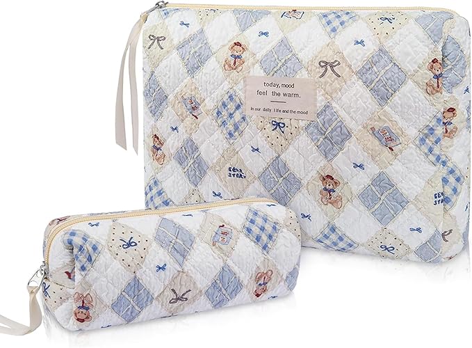 2PC Makeup Bag Set, Cute Cosmetic Bag for Women Girls, Floral Coquette Aesthetic Toiletry Bag, Travel Make Up Organizer Bag (Argyle Bear)