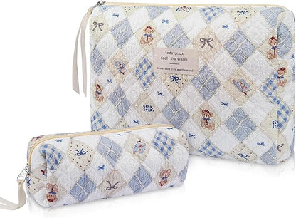 2PC Makeup Bag Set, Cute Cosmetic Bag for Women Girls, Floral Coquette Aesthetic Toiletry Bag, Travel Make Up Organizer Bag (Argyle Bear)