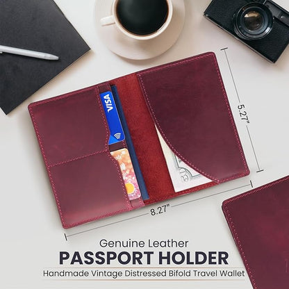 Leather Passport Holder with Travel Wallet, Genuine Leather Passport Cover- Passport Wallet, Leather Folding Wallet for Passports (Oval Cut, Red)