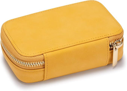 HISCOW Vegan Leather Travel Jewelry Case with Zipper - Portable Necklace & Earring Holder Organizer for Women Girls, Velvet-Lined Ring Box with Anti-Tarnish Design, Yellow