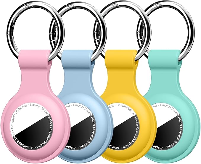 [4 Pack] Compatible with AirTag Holder Keychain Silicone Key Ring Cases Tags Chain for Apple for Air Tag GPS Item Finders Accessories, Pink/Grey Blue/Yellow/Mint Green