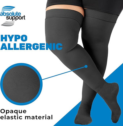 ABSOLUTE SUPPORT Wide Calves Thigh High Compression Socks for Women & Men 20-30mmHg, Unisex Opaque Over Knee Compression Stockings for Pregnant, Nursing, Sports, Travel, Flying, Black, 4X-Large