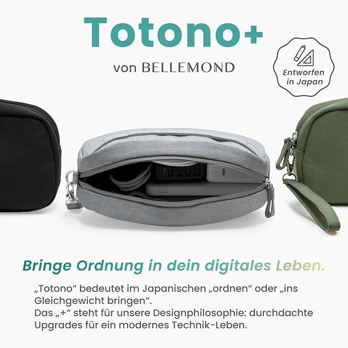 BELLEMOND「Totono+」| Cord Organizer Tech Pouch | Travel Electronics Organizer Case for Cables & Chargers | Hidden AirTag Slot & Cable Pass-Through | Designed in Japan | Sumi Black