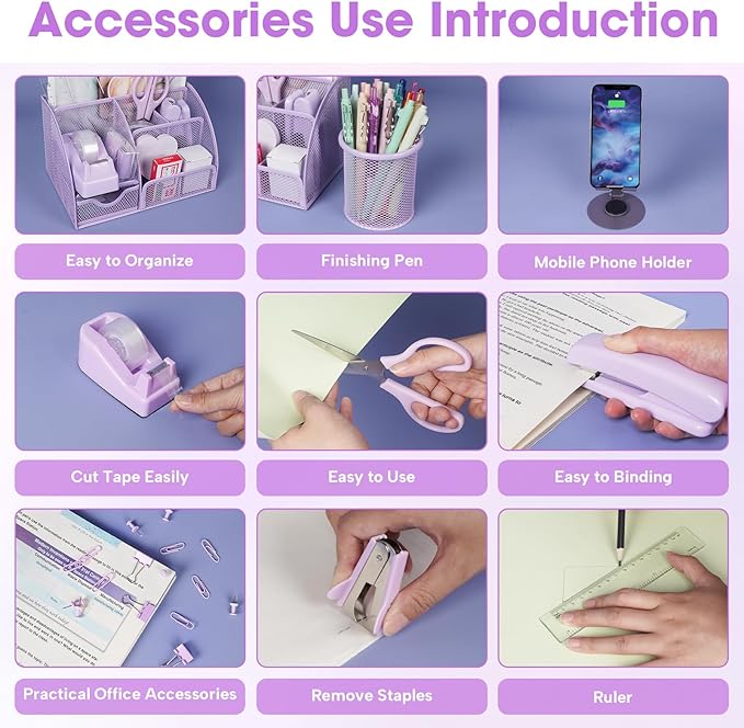 Desk Organizers and Accessories, Office Supplies 15PS Set with Stapler, Staple Remover, Pen Holder, Clips Set, Tape Dispenser, Tape, Phone Holder, 1000 Staples, Ruler, Scissors (Purple)
