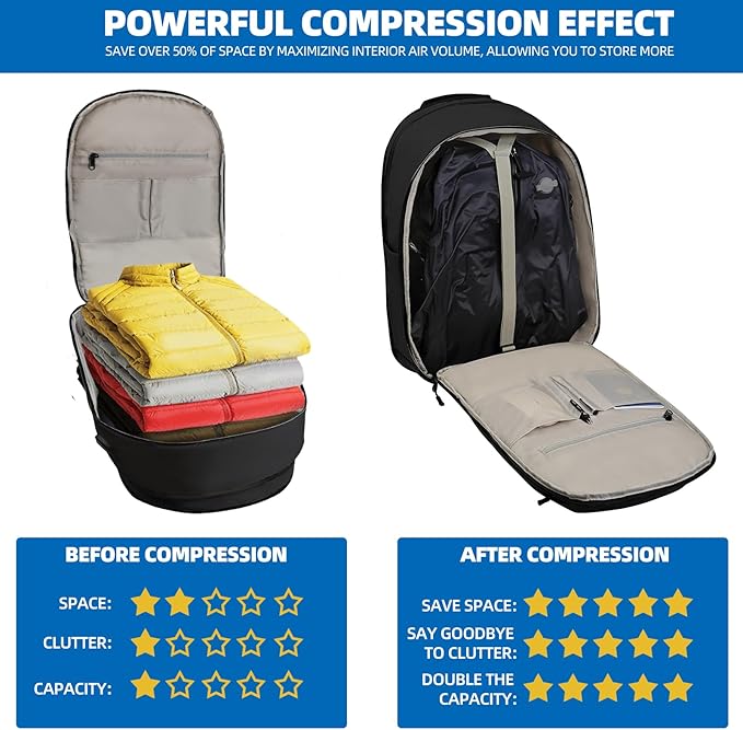 Vacuum Backpack Travel Seal Compression: Vacpack with Electric Air Pump Carry on Expandable Back Pack System for Laptop Hiking Business Water Resistant Lightweight Black