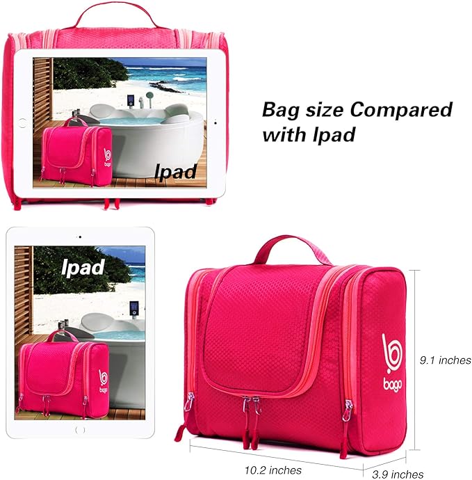Bago Travel Toiletry Bag for Women and Men X-Large Waterproof Hanging Large Toiletry Bag for Bathroom and Travel Bag for Toiletries Organizer -Travel Makeup Bag (Pink)