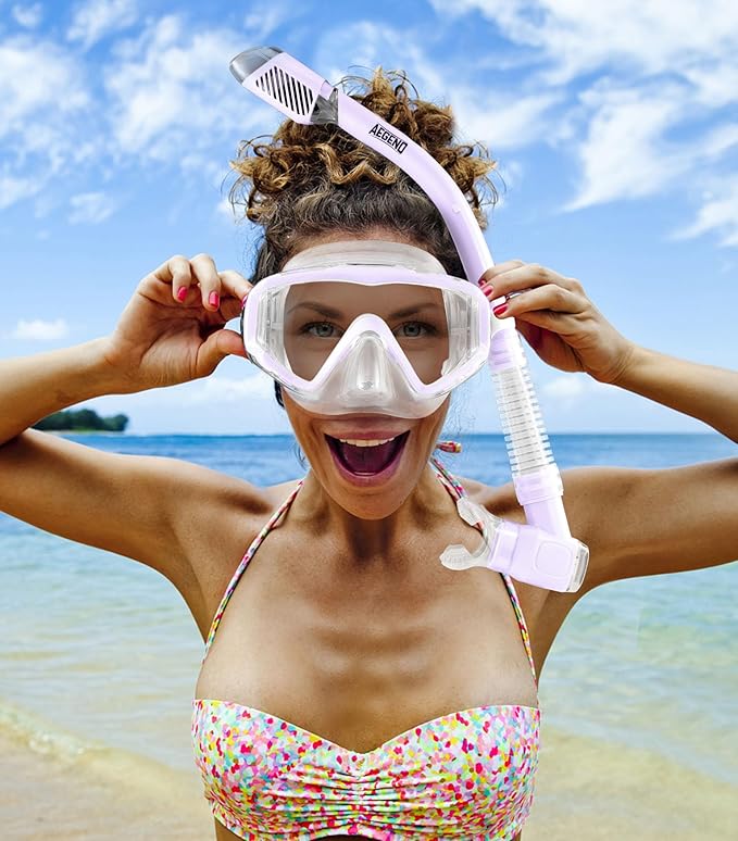Aegend Snorkeling Gear for Adults Youth Kids, Dry Snorkel Set Panoramic View Enhanced Anti-Leak and Anti-Fog Technology, Adjustable Strap for Snorkeling Scuba Diving Swimming with Mesh Bag