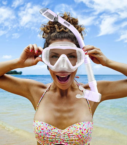 Aegend Snorkeling Gear for Adults Youth Kids, Dry Snorkel Set Panoramic View Enhanced Anti-Leak and Anti-Fog Technology, Adjustable Strap for Snorkeling Scuba Diving Swimming with Mesh Bag