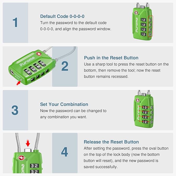 Puroma 2 Pack TSA Approved Luggage Locks, 4 Digit Combination Travel Locks Resettable Code Lock with Zinc Alloy Body for Suitcase, Toolbox, Backpack, Bag, Gym Locker (Basic Green)