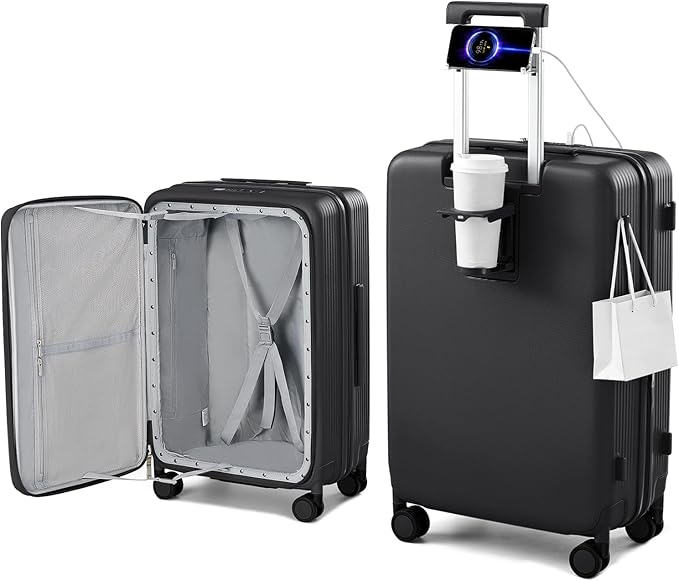 Hanke 24Inch Expandable Luggage Top Opening Medium Checked Luggage Hard Shell Suitcases with Wheels Travel Luggage Rolling Suitcase with Cup Holder(Jet Black)