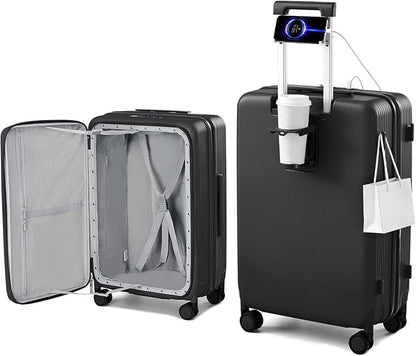 Hanke 24Inch Expandable Luggage Top Opening Medium Checked Luggage Hard Shell Suitcases with Wheels Travel Luggage Rolling Suitcase with Cup Holder(Jet Black)