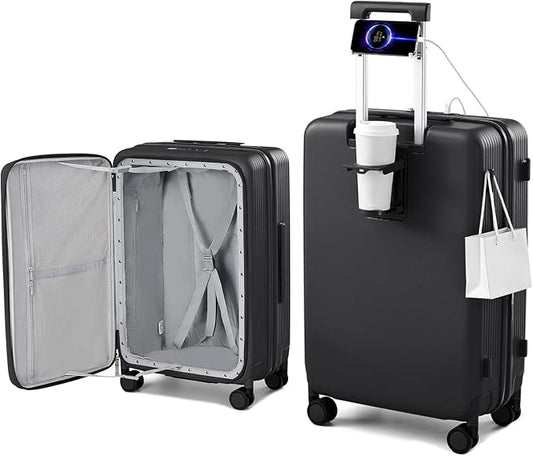 Hanke 24Inch Expandable Luggage Top Opening Medium Checked Luggage Hard Shell Suitcases with Wheels Travel Luggage Rolling Suitcase with Cup Holder(Jet Black)