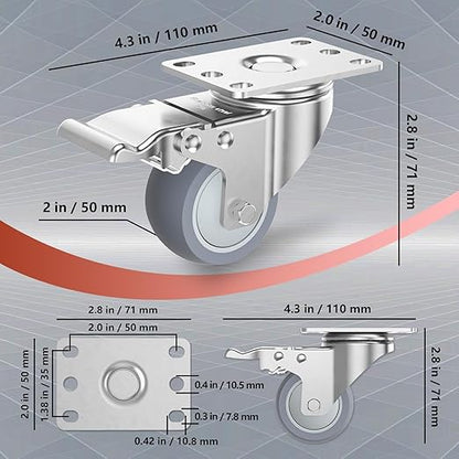 2 Inch Heavy Duty Stainless Steel Caster Wheels with Brake, 304 Swivel Casters Set of 4, 1000 lbs Load, Quiet Non-Marking TPR Wheels for Furniture, Kitchen, Labs, Industrial, Hardware Included