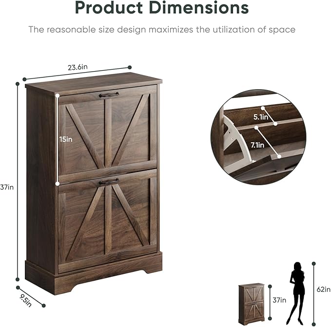 Shoe Cabinet, Shoe Storage Cabinet for Entryway with 2 Flip Drawers, Narrow Farmhouse Shoe Organizer Cabinet, Slim Shoe Rack Cabinet, 23.6in Walnut