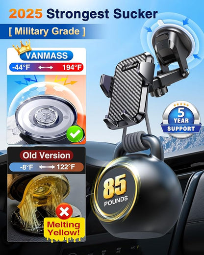 VANMASS【85+LBS Strongest Suction & Military-Grade Ultimate Car Phone Mount【Patent & Safety Certs】 Cell Phone Holder Truck for Dashboard Windshield Vent for iPhone 17 Pro Max 16 15 Samsung