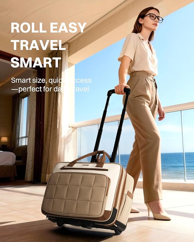 Rolling Puffer Laptop Bag, Rolling Briefcase for Women, Wheeled 16 Inch Computer Bag, Water Resistant Stylish Overnight Underseat Carry On Luggage with Wheels for Work Travel Business, Khaki