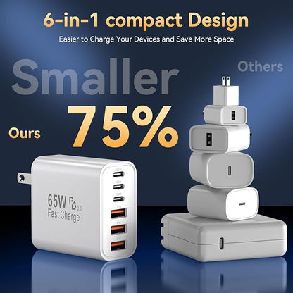 USB C Fast Charger Block, iPhone Charger Fast Charging Blocks 65W Multi Port Charger 6-Ports PD & QC Charging Cube Brick Power Adapter Type C Wall Chargers for iPhone 17/16/15/14/13/12 Pro Max, iPad