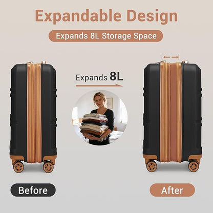 Kono Carry On Luggage 22x14x9 Airline Approved with Spinner Wheels,Lightweight PC+ABS 20 Inch Luggage with TSA Lock,Expandable Hard Shell Carry On Suitcases for Men Women,Black/Brown