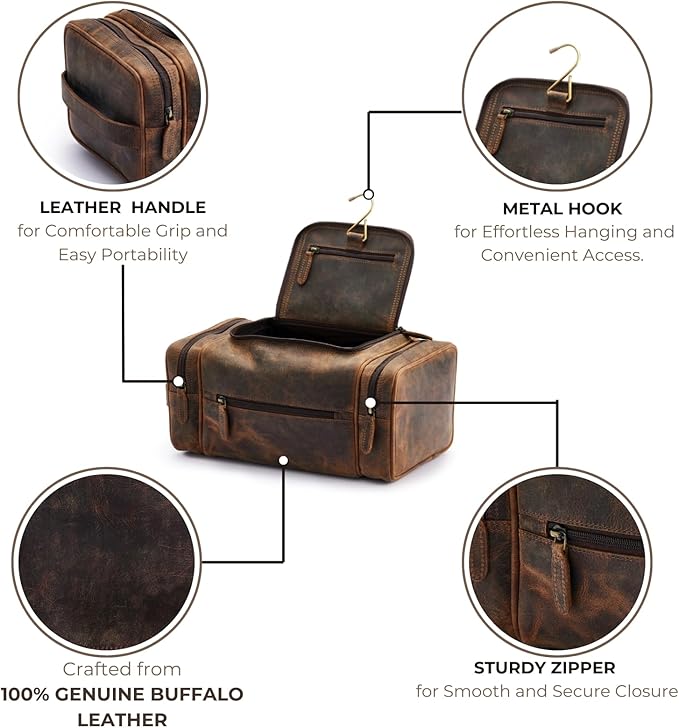 NomadCraftsCo. Extra Large Leather Toiletry Bag for Men - Premium Leather Men's Toiletry Bag for Travel, Dopp Kit, Pouch, Large Travel Organizer