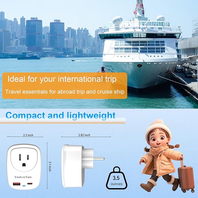 Type E/F Plug Adapter, VooLerTun France Germany Travel Adapter with 30W Fast Charge Power Adapter Dual Ports Compatible Cell Phone Camera, 1 American Outlet Adapter, US Converter European Travel