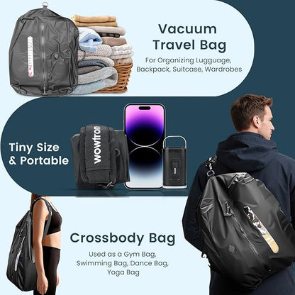 Vacuum Bags for Travel with Pump & Adjustable Strap, 40L Compression Packing Cubes IP67 Waterproof Reusable Travel Space Saver Bags for Carry on Luggage Suitcase Backpack Camping Gym
