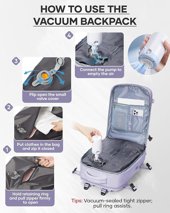 wepadre Vacuum Travel Backpack with Pump Travel Backpack with Vacuum System Easy Vac Pack Backpacks Vacpack Compression Backpacks Mochila de Viaje Compresion al Vacio Purple