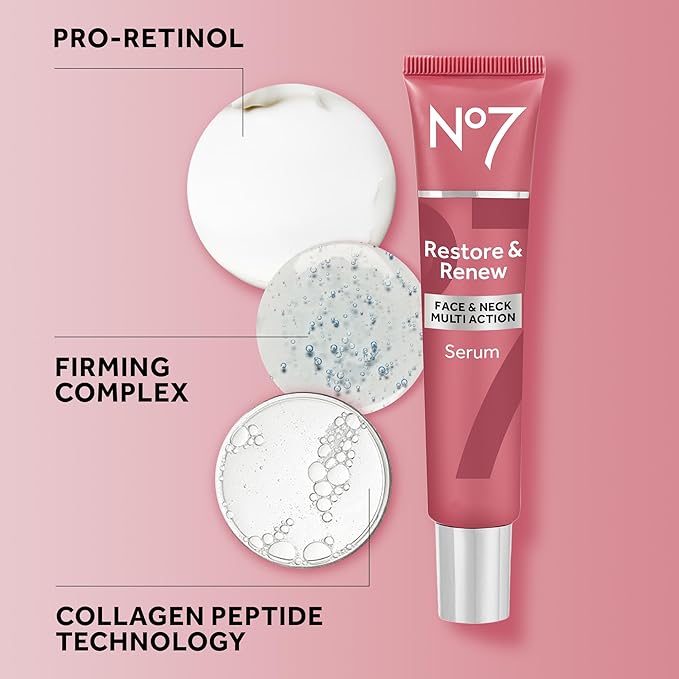 No7 Restore & Renew Multi-Action Face & Neck Serum - Anti Aging Serum for Deep Wrinkle Repair - Collagen Infused Skincare with a Hydrating Blend of Hibiscus Peptides & Hyaluronic Acid (1 Fl Oz)