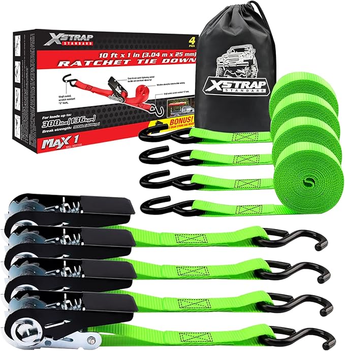XSTRAP STANDARD Ratchet Tie Down Straps 4 Pk 10 Ft- 300 Lbs Load Cap- 900 Lbs Break Strength-Cargo Straps for UTV, ATV, Pickup,Truck, Moving Appliances, Lawn Equipment, Neon Green