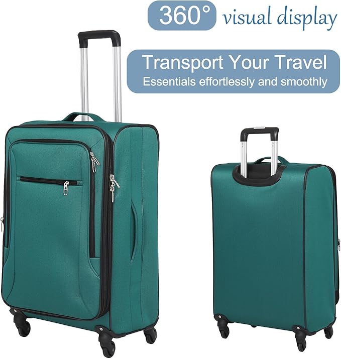 3pcs Set Softside Luggage Sets With Spinner Wheels, Expandable Softshell Suitcase Set, 28inch, 24inch, 20inch luggage with front pocket, Lightweight fabric luggage(GREEN)