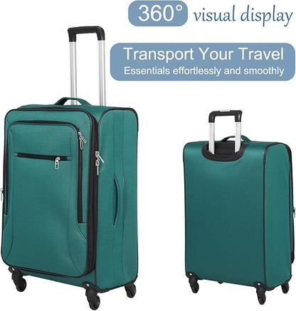 3pcs Set Softside Luggage Sets With Spinner Wheels, Expandable Softshell Suitcase Set, 28inch, 24inch, 20inch luggage with front pocket, Lightweight fabric luggage(GREEN)