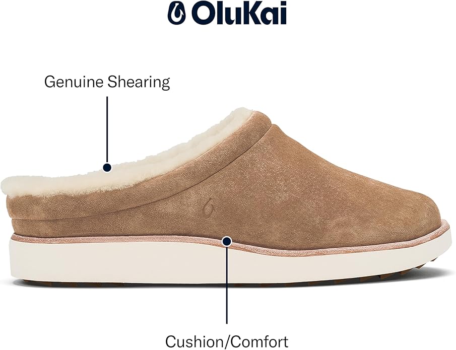 OLUKAI Mani Women's Leather Mule Slippers, Soft & Comfortable Slippers with Fleece Lining, Thick Rubber Outsole, All-Day Wear