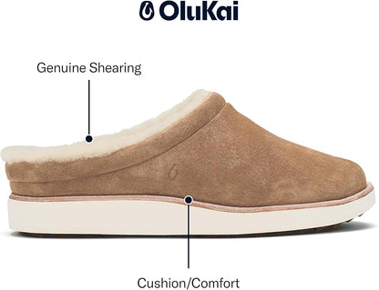 OLUKAI Mani Women's Leather Mule Slippers, Soft & Comfortable Slippers with Fleece Lining, Thick Rubber Outsole, All-Day Wear