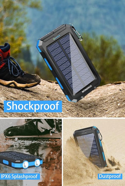 WONGKUO Solar Charger Power Bank - 36800mAh Solar Phone Charger, QC3.0 Fast Charger with LED Flashlight, IP65 Waterproof Portable Power Bank for Outdoor Activities (Blue)