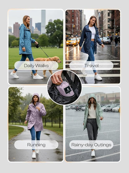 SaphiRose Women's Lightweight Long Rain Jacket Packable Raincoat Hooded Outdoor Trench Coats
