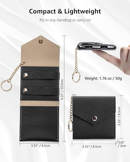 Small Travel Jewelry Organizer Case for Women, Genuine Leather Mini Jewelry Roll with Keychain, Portable Earring Ring Necklace Storage Pouch for Short Trips & Daily Use