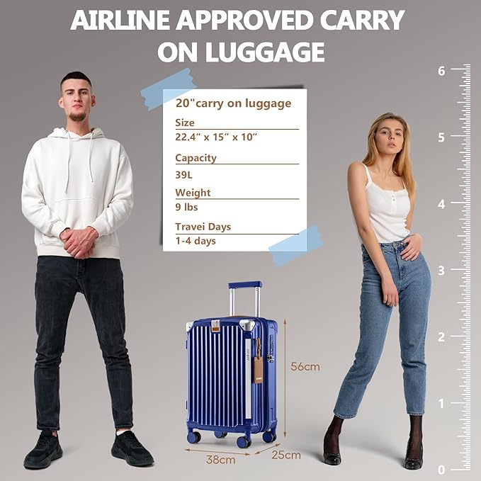 Joyway Carry On Luggage, Expandable Suitcase with Smart Cup Holder and USB Port, 20 IN Hardside Checked with TSA Lock Spinner Double Wheels, Blue