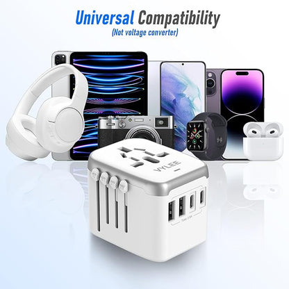 Universal International Power Travel Plug Adapter, 5 in 1 European Travel Plug Adapter W/ 3.5A 2xUSB-A and 2xUSB C Wall Charger and Worldwide AC Outlet for Europe USA UK AUS Asia (White Grey)