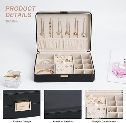 Jewelry Box, Portable Travel Jewelry Case Organizer with Removable Tray for Earrings, Necklaces, Rings Black