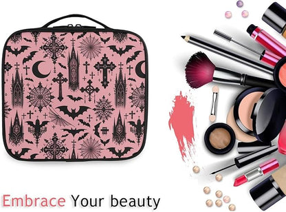 MNSRUU Travel Makeup Bag, Black Gothic Moon Spider Webs and Bats Women Makeup Case Organizer Cosmetic Toiletry Bag for Teenage Girl with Adjustable Dividers